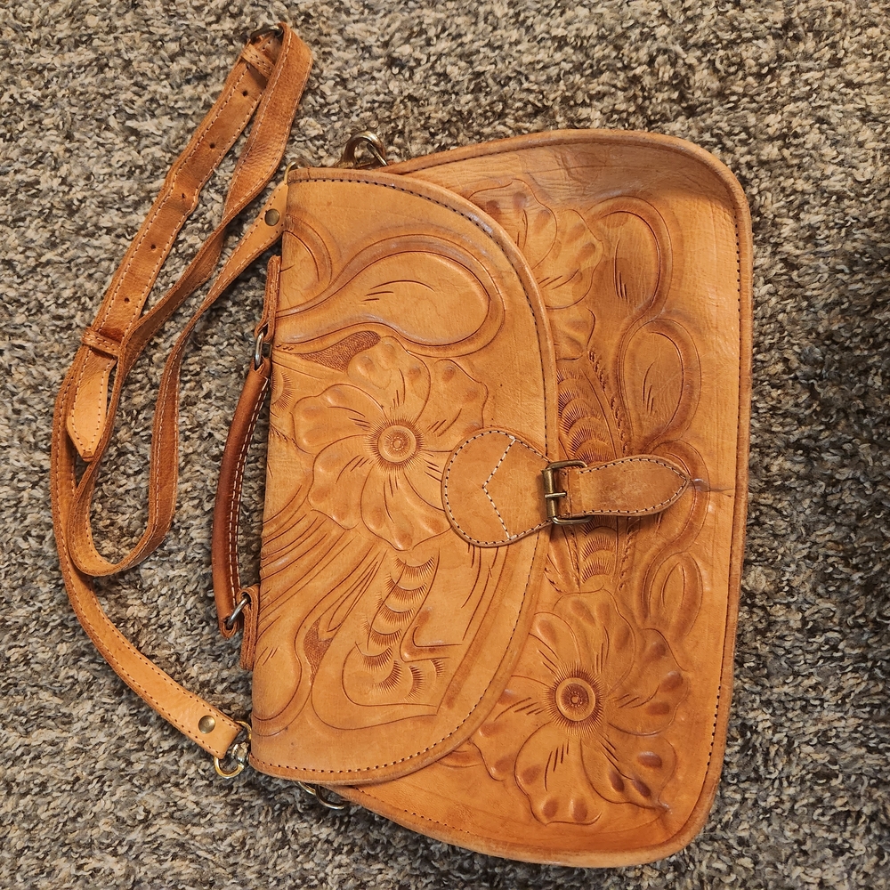 Elegant Tan Leather Floral Embossed Women's Bag